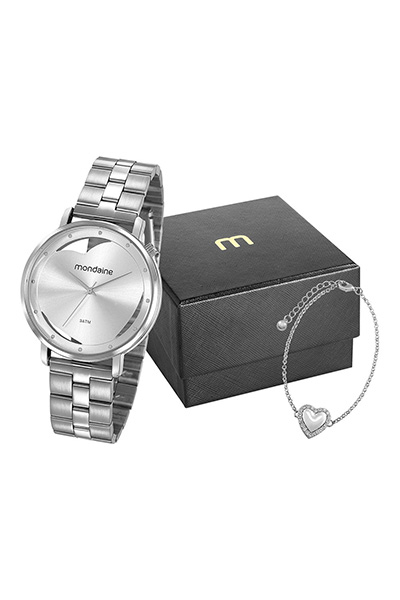 kit de relógio feminino mondaine analógico + pulseira prateado