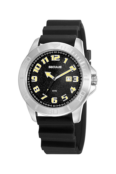 kit de relógio masculino seculus analógico prateado com pulseira de borracha preta