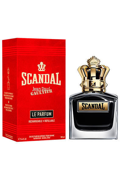 perfume masculino scandal jean paul gaultier. o frasco é de vidro, preto com as bordas translúcidas, e a tampa é uma coroa dourada