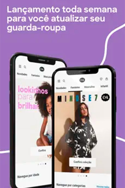 Imagem com fundo lilás mostra duas telas de celular com o app C&A aberto mostrando peças disponíveis online 
