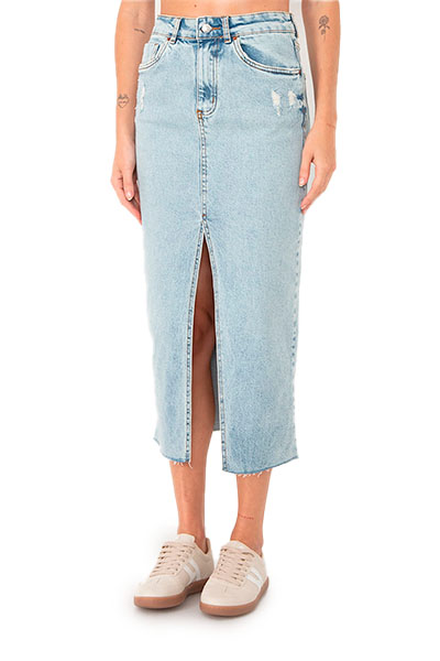Saia jeans mídi com fenda cintura alta azul médio