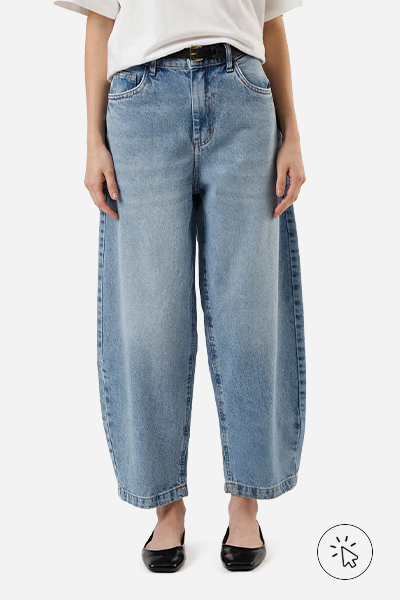 Calça balloon feminina jeans cintura média azul claro - combinar cores de roupas