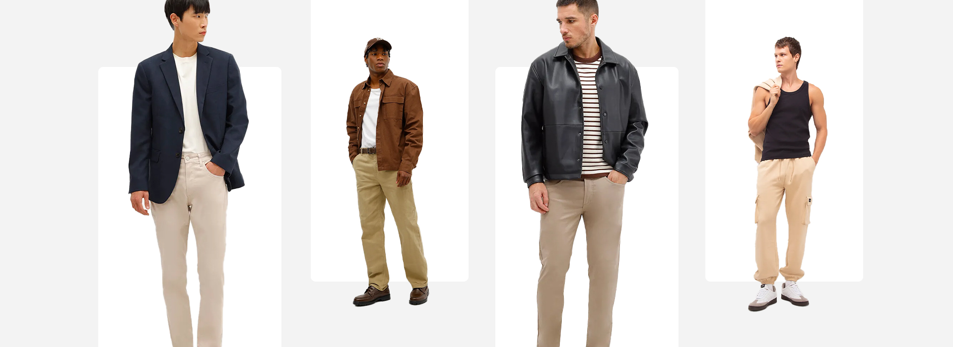 Montagem com quatro modelos, cada um deles usando uma calça masculina bege.