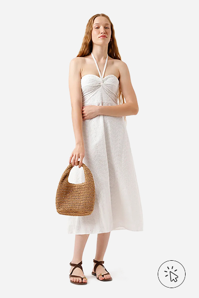 Modelo veste vestido mídi feminino de laise frente única off-white  - roupas para o ano novo - cores de roupa para o ano novo