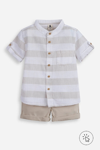 Conjunto infantil de algodão com manga curta bege camisa manga curta listrada e short bege - que cor de roupa usar no Natal - Roupa de Natal infantil