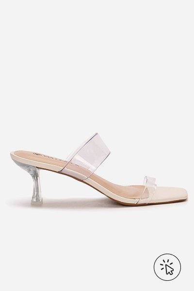 Tamanco alto médio acrílico com vinil Via Uno off-white - looks com saia balonê - como usar saia balonê curta - o que é balonê