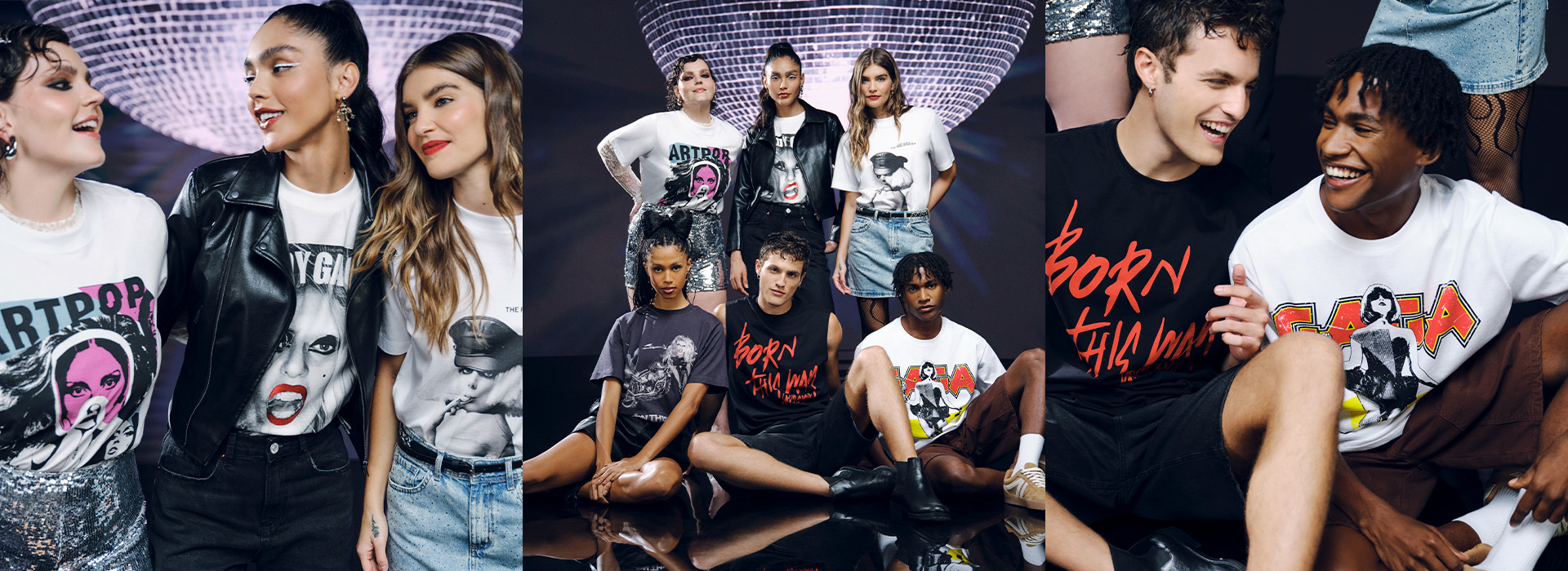 Montagem com três fotos. A da esquerda temos três modelos mulheres, a do meio tem seis modelos femininos e masculinos, e a foto da direita, dois modelos homens. Todos estão usando look da coleção da Lady Gaga da C&A.