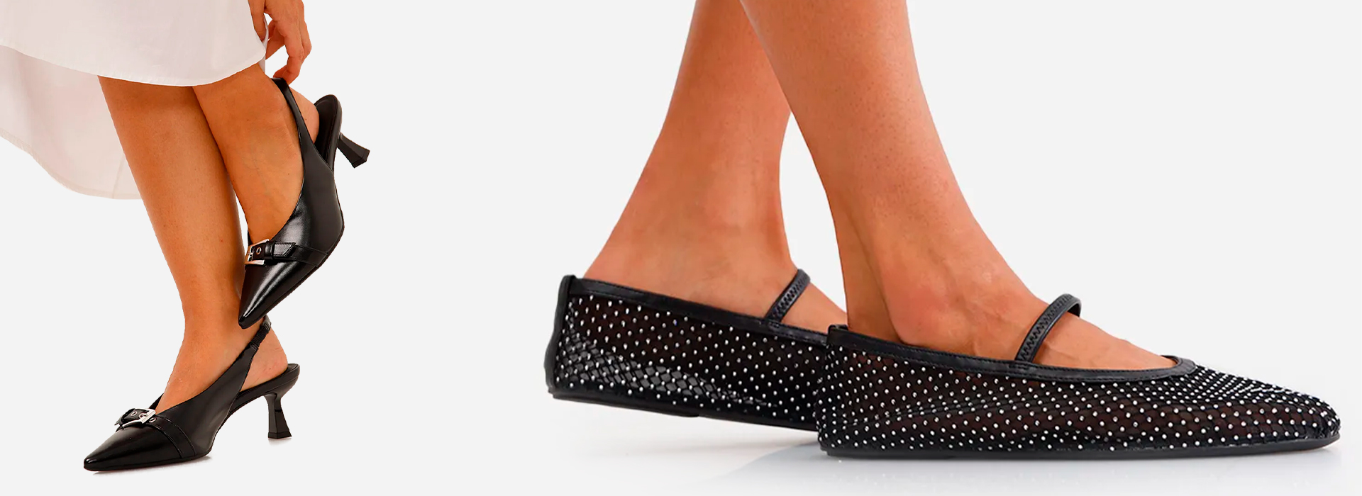 Duas fotos, uma delas com os pés da modelo usando uma sapatilha de telinha preta e a outra um scarpin slingback preto.