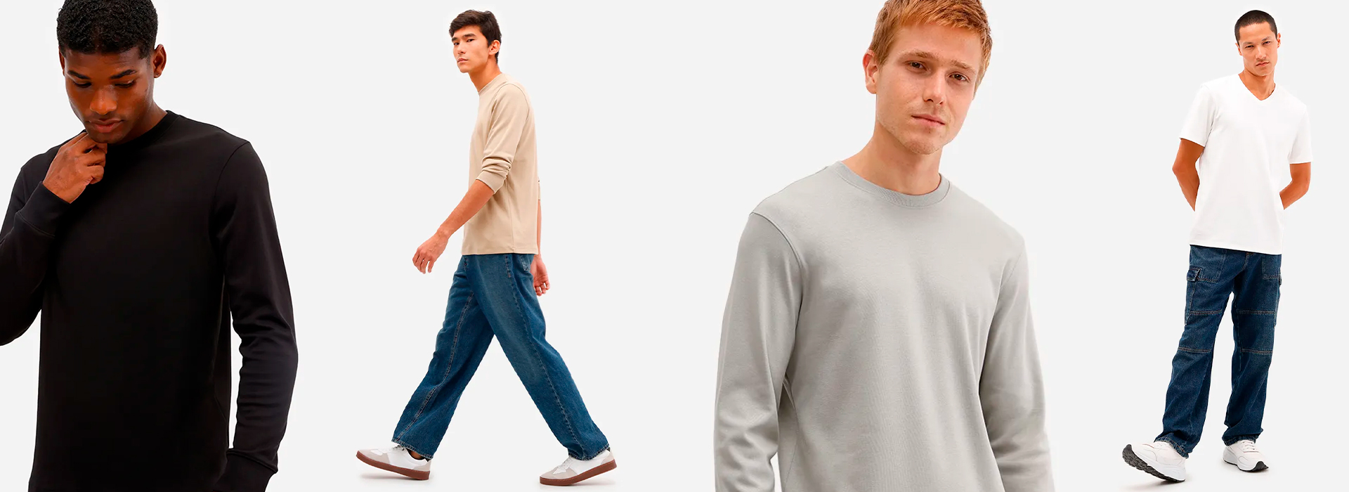 Montagem com vários modelos usando camiseta de algodão peruano