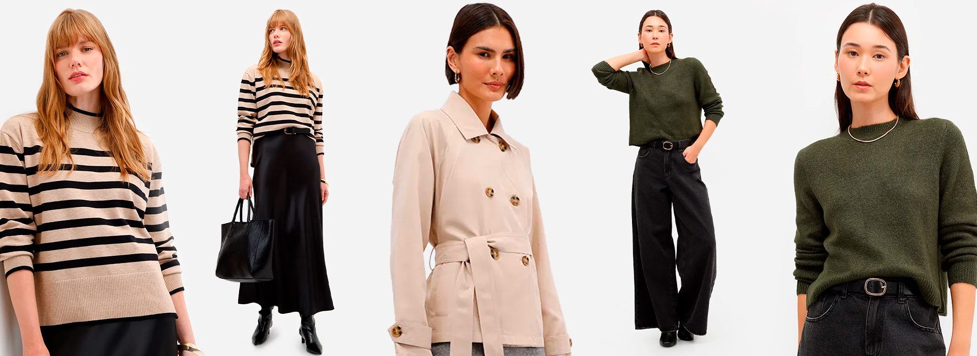 Uma montagem com fotos de diferentes modelos. Elas estão vestindo um looks da coleção de inverno da C&A, com tricô, trench coat e mais!