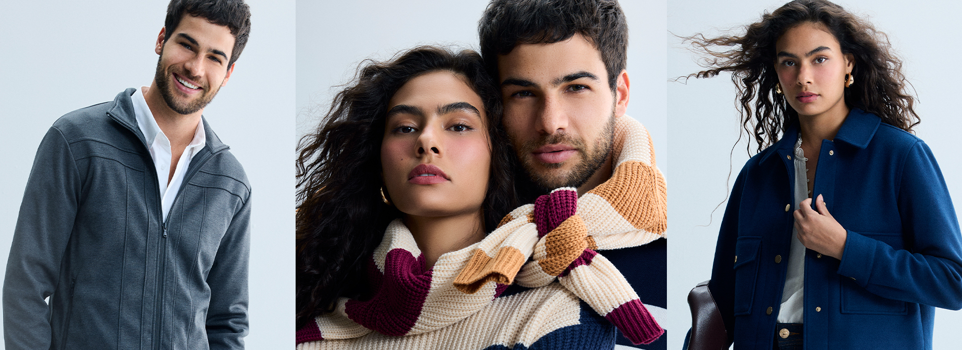 Três imagens, na esquerda um modelo com polo e jaqueta, no meio um homem e uma mulher com uma blusa de tricô e na da direita, uma modelo com uma jaqueta azul-marinho.