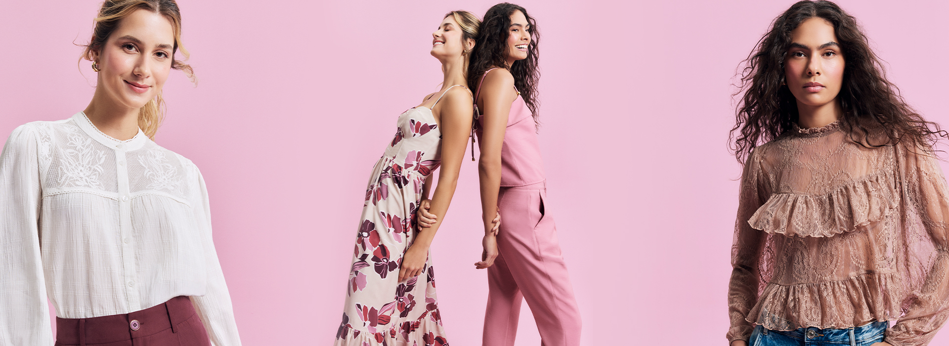 Na imagem temos uma montagem com três fotos diferentes, todas elas as modelos estão usando um look da nova coleção cápsula da C&A.
