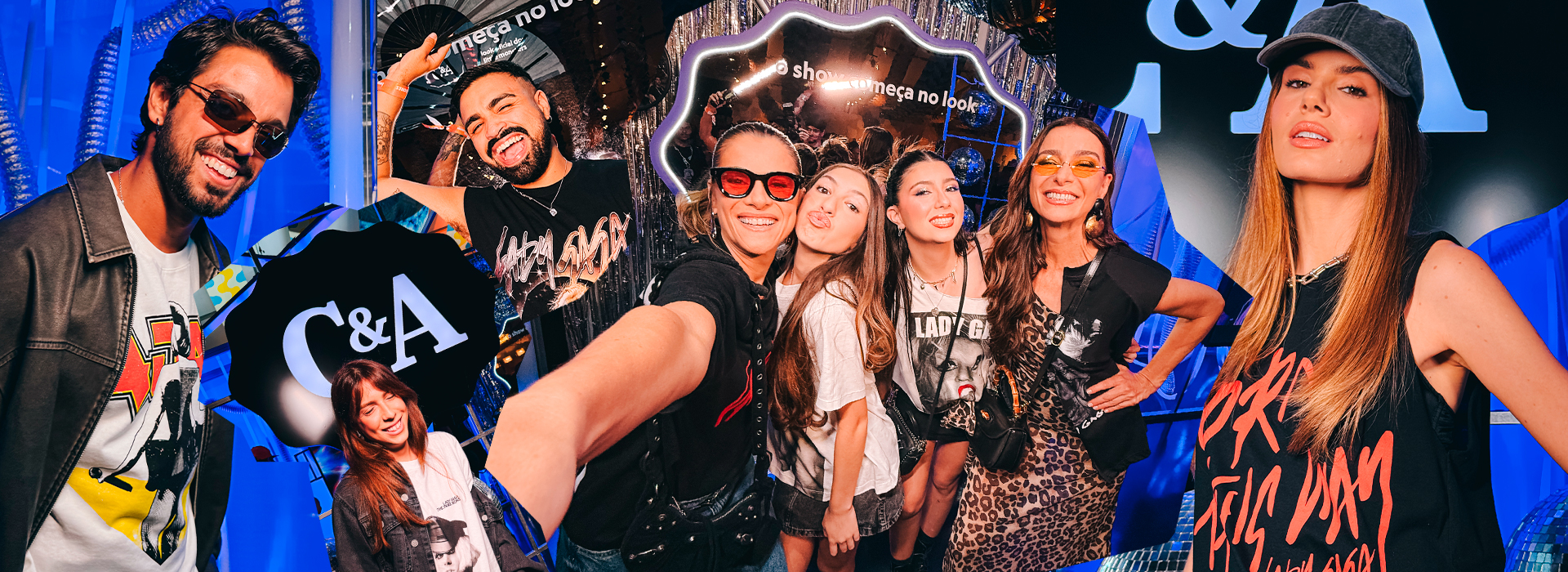 Montagem com várias fotos de celebridades no show da Mother Monster no Rio usando look da C&A