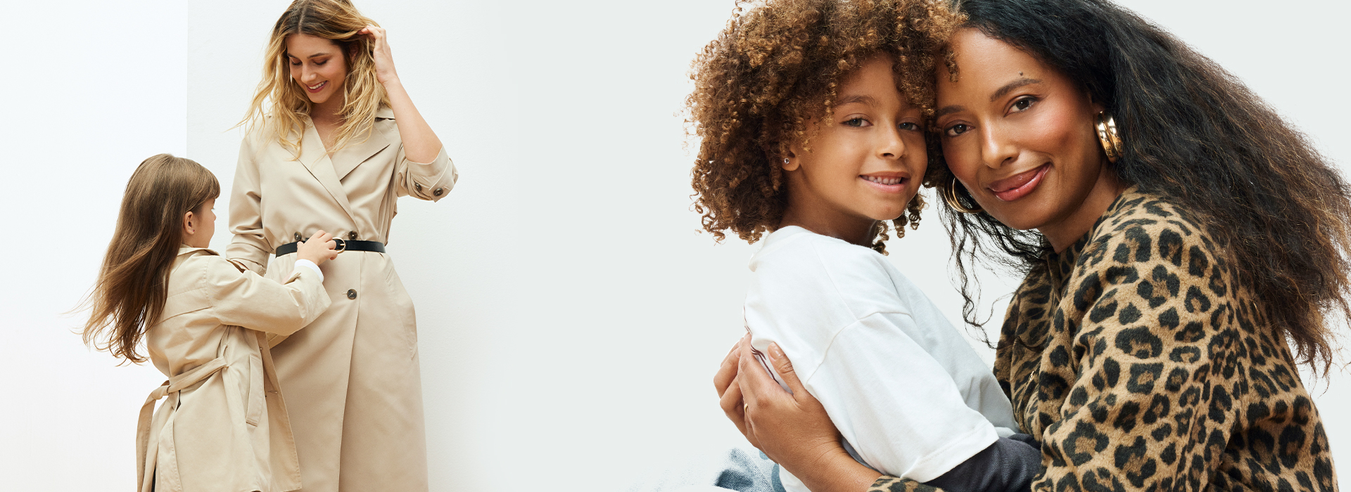 Na imagem temos uma montagem, Na foto da esquerda, a modelo está com sua filha e as duas estão vestindo um trench coat. Na foto da direita, a modelo está com o seu filho, eles estão abraçados com o rosto colado.