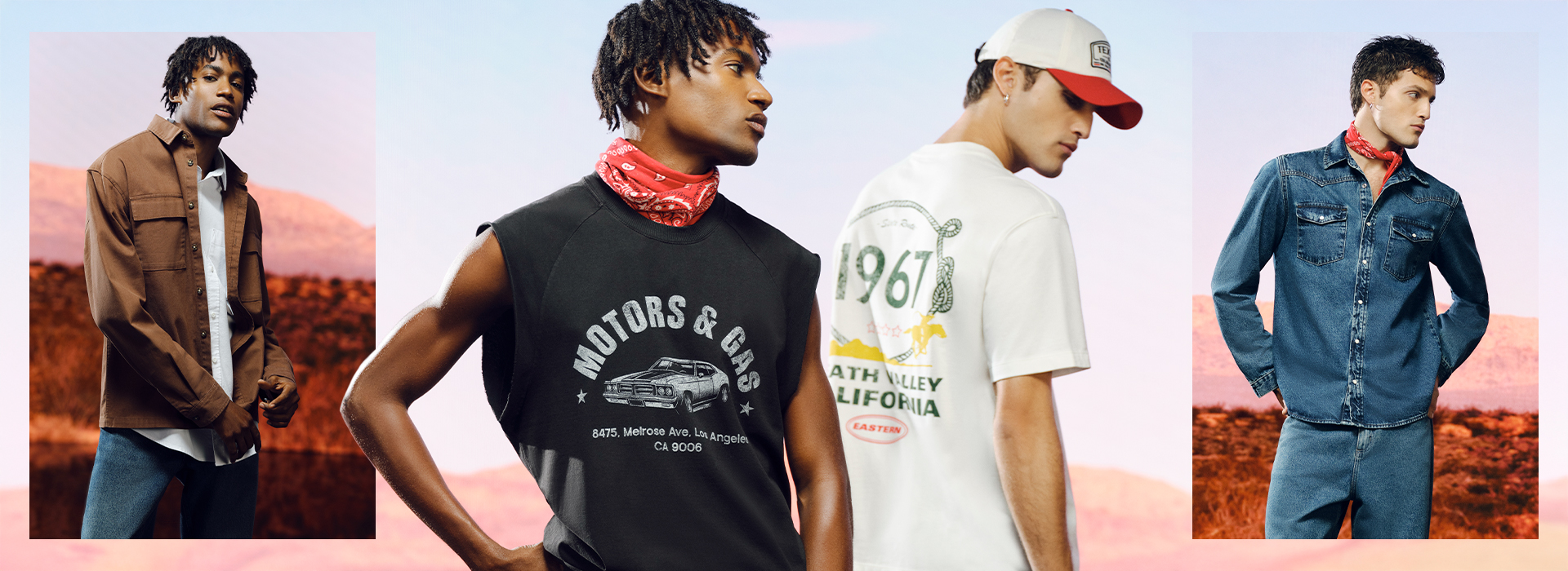 A imagem é uma montagem com fundo meio Velho Oeste e fotos de quatro modelos masculinos que estão usando looks na tendência Western.