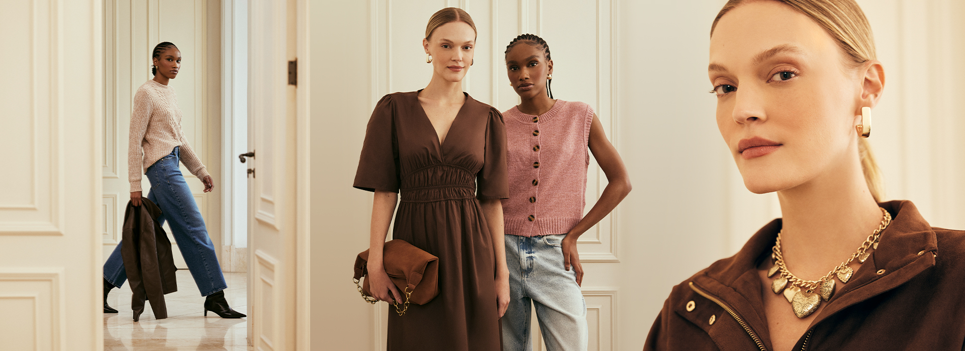 Montagem com duas modelos. Uma na ponta, duas no centro da imagem e uma na ponta. Elas estão usando trîco bege, calça jeans, vestido marrom e colete de tricô rosa.