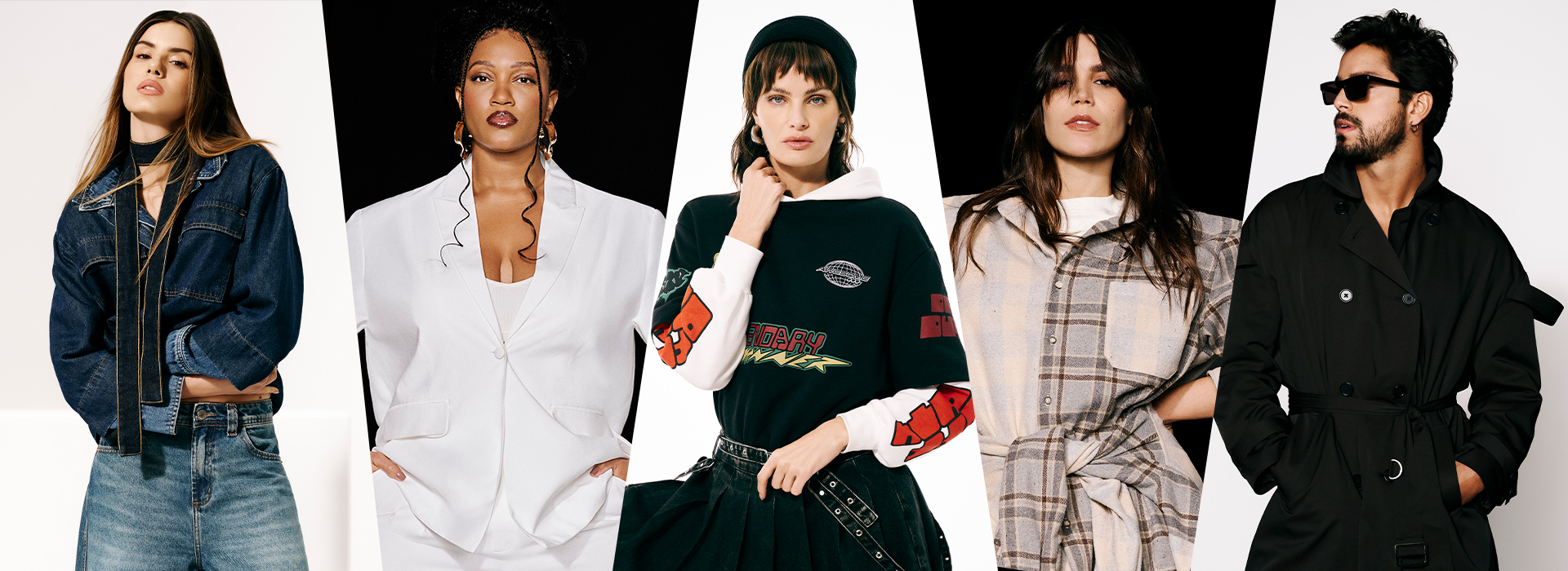 Montagem com cinco fotos, da esquerda pra direita, temos: Camila Queiroz, Luedji Luna, Isabeli Fontana, Carla Salle e Rodrigo Simas