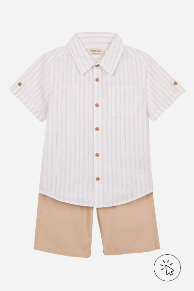 Conjunto de algodão infantil, com camisa manga curta off-white e bermuda bege, infantil