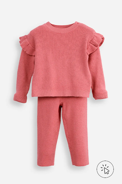 Conjunto infantil longo de tricô texturizado com babado rosa