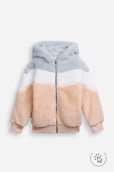 Jaqueta de pelúcia infantil listrada colorida cinza, off-white e bege