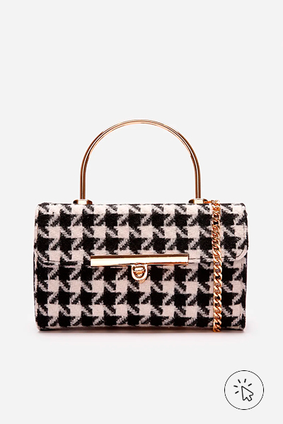 Bolsa feminina de tweed pied de poule preta e off-white