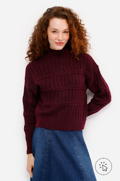 Suéter feminino gola alta texturizado roxo- cores que combinam com verde - que cor combina com verde militar - que cor de sapato combina com vestido verde - que cor combina com verde claro - que cor combina com verde escuro - que cor de blusa combina com calça verde - look verde - diferença entre verde oliva e verde militar
