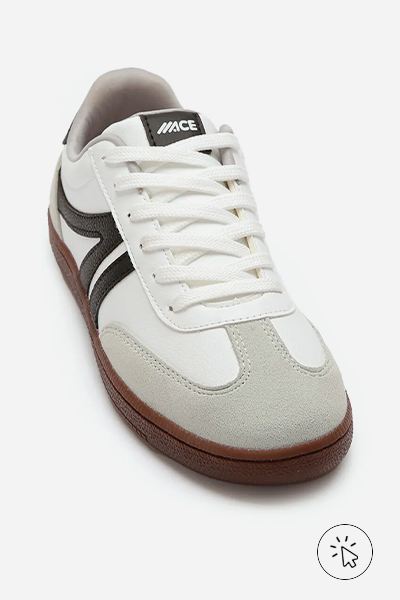 Tenis Bossa com recortes bicolor ACE branco, preto, cinza e marrom- cores que combinam com verde - que cor combina com verde militar - que cor de sapato combina com vestido verde - que cor combina com verde claro - que cor combina com verde escuro - que cor de blusa combina com calça verde - look verde - diferença entre verde oliva e verde militar