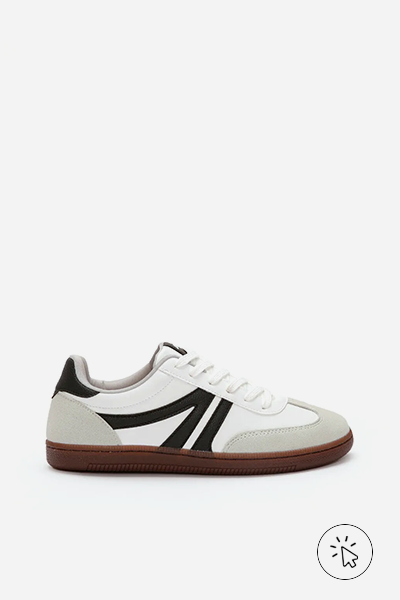 Tenis Bossa com recortes bicolor ACE branco, preto, cinza e marrom- cores que combinam com verde - que cor combina com verde militar - que cor de sapato combina com vestido verde - que cor combina com verde claro - que cor combina com verde escuro - que cor de blusa combina com calça verde - look verde - diferença entre verde oliva e verde militar