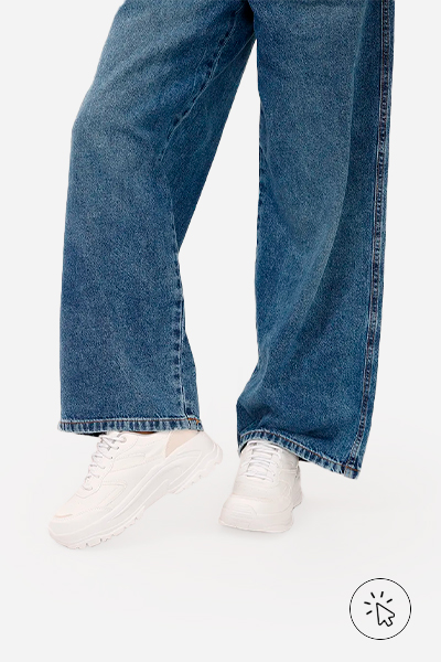 Tênis chunky com recortes ACE branco com jeans - tênis que estão na moda - tênis femininos que estão na moda