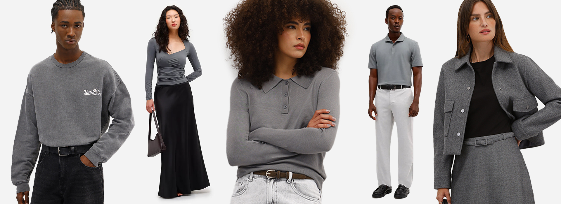 Montagem com 5 modelos. O primeiro veste blusa de moletom manga longa cinza, jeans escuro e cinto. A segunda usa blusa de manga longa cinza, saia acetinada preta, tamanco e bolsa preta. A terceira veste polo de tricô cinza manga longa, jeans azul claro e cinto marrom. O quarto modelo usa polo cinza, calça de sarja off-white, cinto preto e mocassim preto. E por fim, a quinta modelo veste casaco estruturado cropped cinza, blusa preta básica e saia cinza.