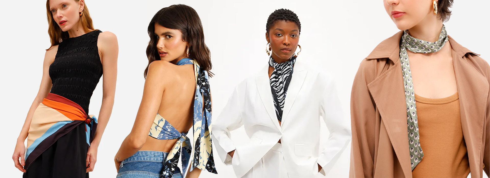 Montagem com quatros modelos usando looks com lenço
