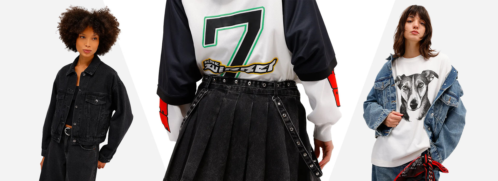 Montagem com três modelos, a que está na esquerda da imagem está usando um look all black, a outra que está na direita da imagem está com uma jaqueta jeans, camiseta oversized estampada e lenço amarrado no passante da calça. No meio está o foco em uma parte do look, que mostra a camiseta estampada e a saia jeans com pregas.