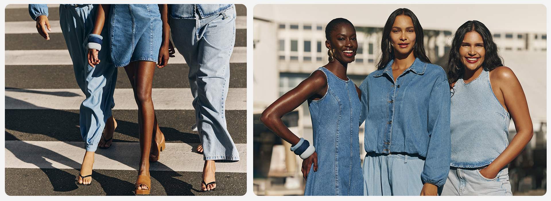 Montagem com duas fotos. Na esquerda, a parte do look debaixo de três modelos atravessando a rua. Na direita, as três modelos estão pousando pra foto e mostrando na parte de cima.