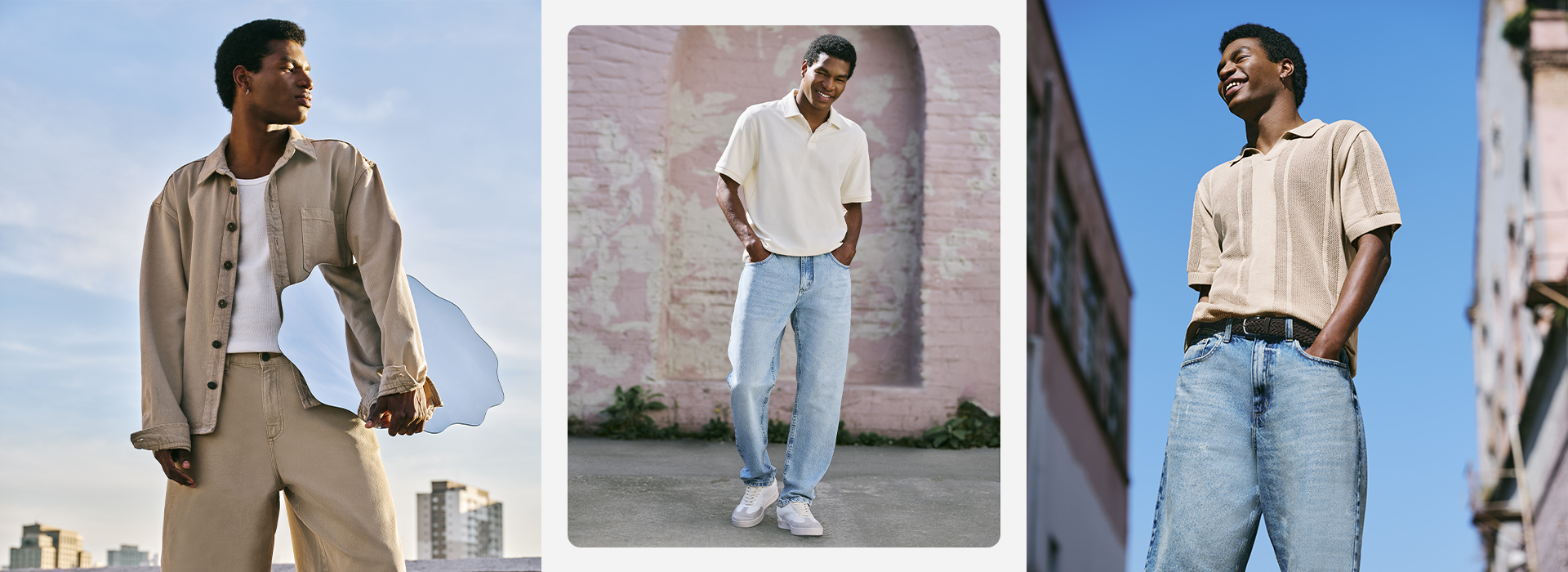 Montagem com três fotos de um modelo usando três looks diferente com calça jeans clara masculina.