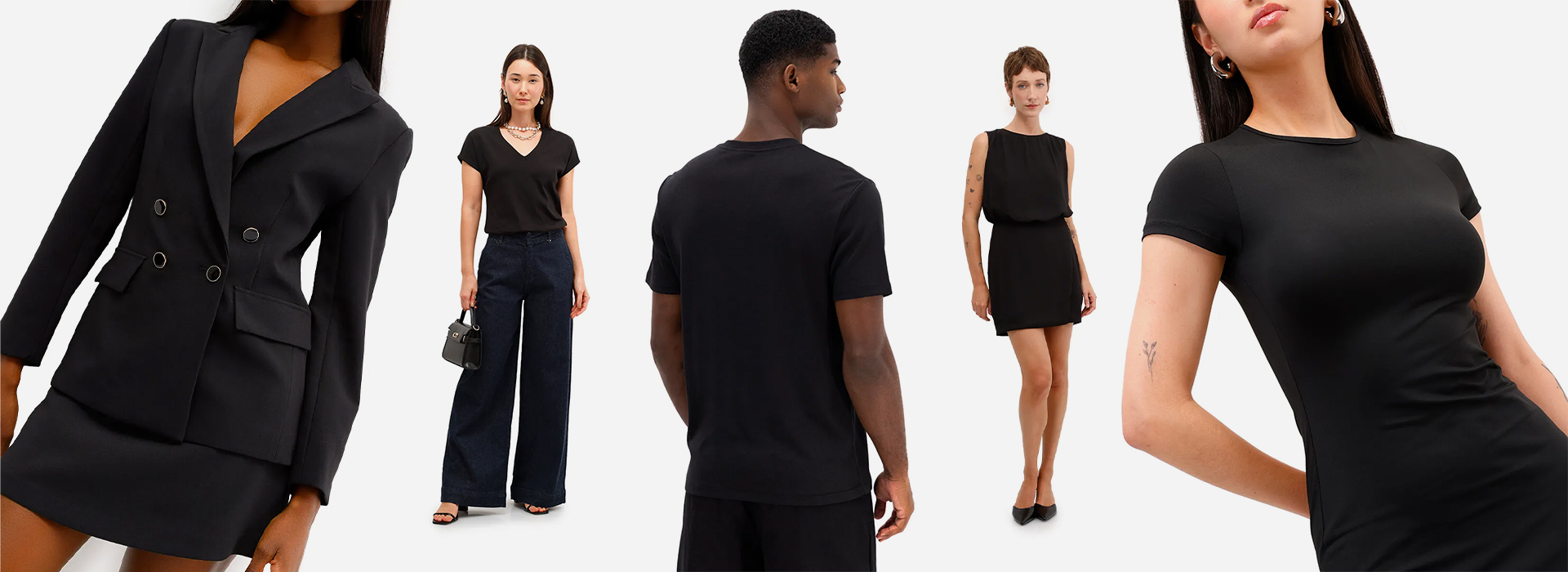 Montagem feita com cinco modelos, todos vestidos com peças pretas. Da esquerda para a direita: mulher veste blazer com short-saia de alfaiataria; mulher com blusa preta de decote V e calça jeans wide leg azul-escura, segurando uma bolsa; homem visto de costas veste camiseta preta básica; mulher com vestido preto curto e reto; mulher em primeiro plano usa vestido preto justo de manga curta.