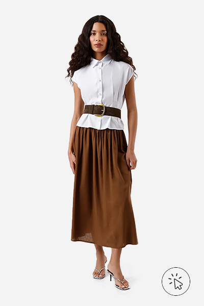 Modelo veste camisa sem mangas off-white e saia mídi feminina com linho marrom - dress code - o que é dress code - tipos de dress code