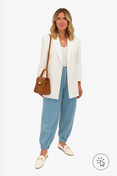 Modelo com calça jeans modelagem aladim, blusa, blazer e mocassim off-white e uma bolsa estruturada bege.