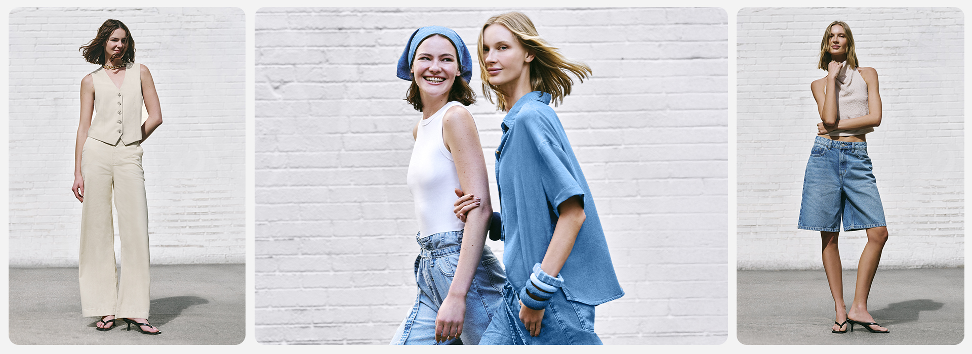 Montagem com três fotos. À esquerda, modelo veste conjunto bege com colete e calça ampla, e sandálias pretas. No centro, duas modelos: uma com regata off-white, calça jeans e lenço azul na cabeça; a outra com camisa azul oversized, calça jeans e pulseiras azuis. À direita, modelo usa cropped bege e bermuda jorts jeans, com sandálias pretas.