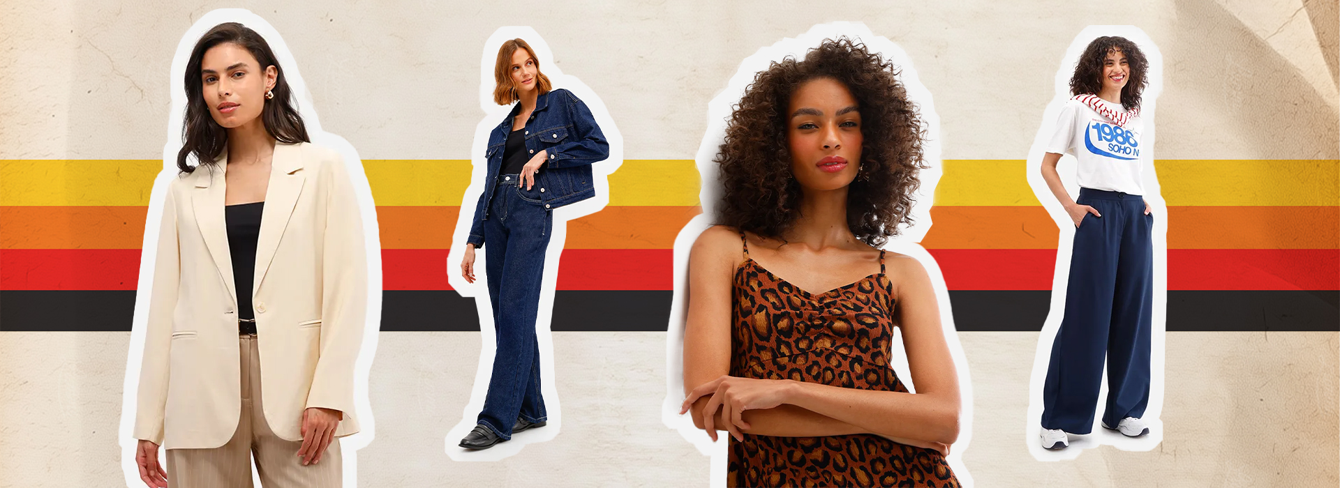 Montagem com quatro modelos: a primeira veste blazer bege com calça no mesmo tom e blusa preta; a segunda usa conjunto jeans com jaqueta e calça flare; a terceira aparece com slip dress animal print; e a quarta combina camiseta branca estampada, calça wide leg azul-marinho e tênis branco.