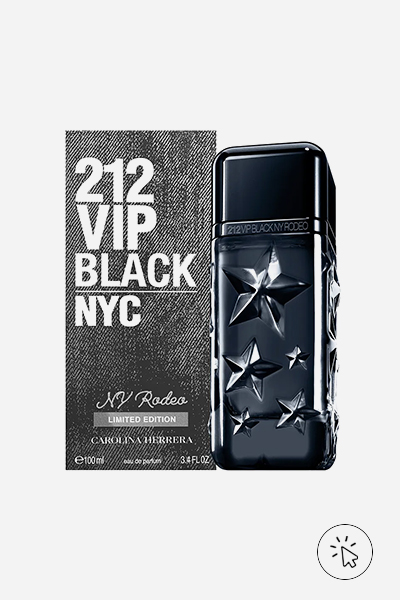 Foto do perfume masculino Carolina Herrera 212 Vip Black NY Rodeo edição limitada Eau de Parfum for men 100ml e a embalagem ao lado - qual tipo de perfume fixa mais - tipo de perfume - concentração de perfumes - pirâmide olfativa - notas de topo coração e base - o que é fragrância 