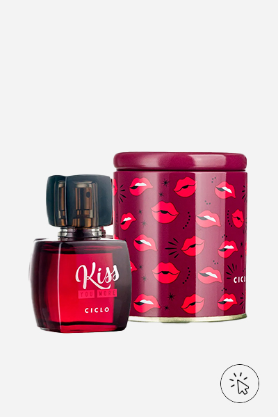 Foto do perfume Deo Colônia Ciclo Kiss You More 50 ml a embalagem ao lado - qual tipo de perfume fixa mais - tipo de perfume - concentração de perfumes - pirâmide olfativa - notas de topo coração e base - o que é fragrância 