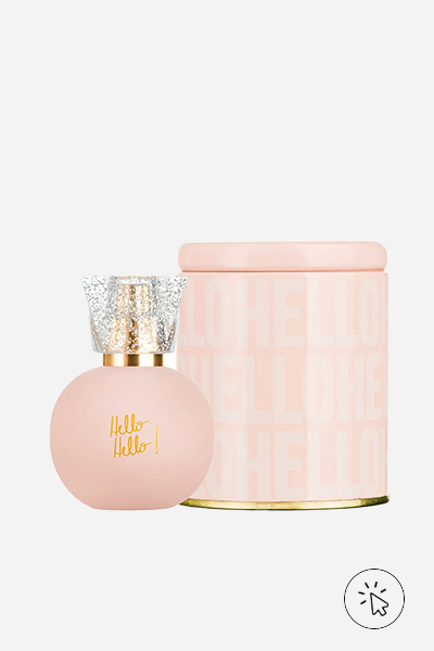 Foto do perfume Hello Hello Deo Colônia Nah Cardoso Ciclo Cosméticos 50 ml e a embalagem/lata ao lado - qual tipo de perfume fixa mais - tipo de perfume - concentração de perfumes - pirâmide olfativa - notas de topo coração e base - o que é fragrância 
