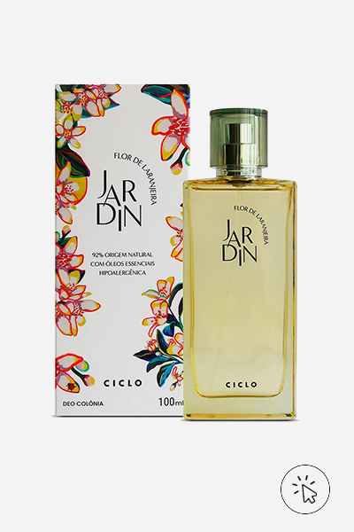 Foto do perfume Deo Colônia Ciclo Jardin Flor Laranjeira 100ml e embalagem/caixa ao lado - qual tipo de perfume fixa mais - tipo de perfume - concentração de perfumes - pirâmide olfativa - notas de topo coração e base - o que é fragrância 