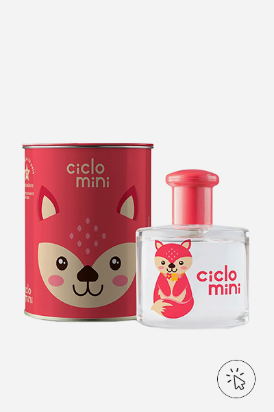 Foto do perfume Água de Colônia Raposete Infantil Ciclo 100ml e da embalagem/lata ao lado - qual tipo de perfume fixa mais - tipo de perfume - concentração de perfumes - pirâmide olfativa - notas de topo coração e base - o que é fragrância 