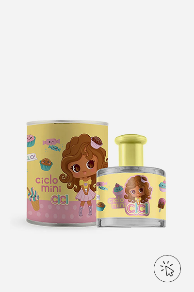 Foto do perfume Água de Colônia Cici Mel Infantil Ciclo 100ml e da embalagem/lata ao lado - qual tipo de perfume fixa mais - tipo de perfume - concentração de perfumes - pirâmide olfativa - notas de topo coração e base - o que é fragrância 