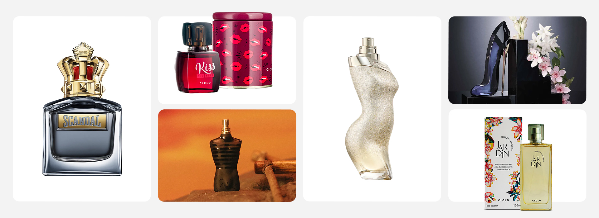 Montagem com seis frascos de perfume