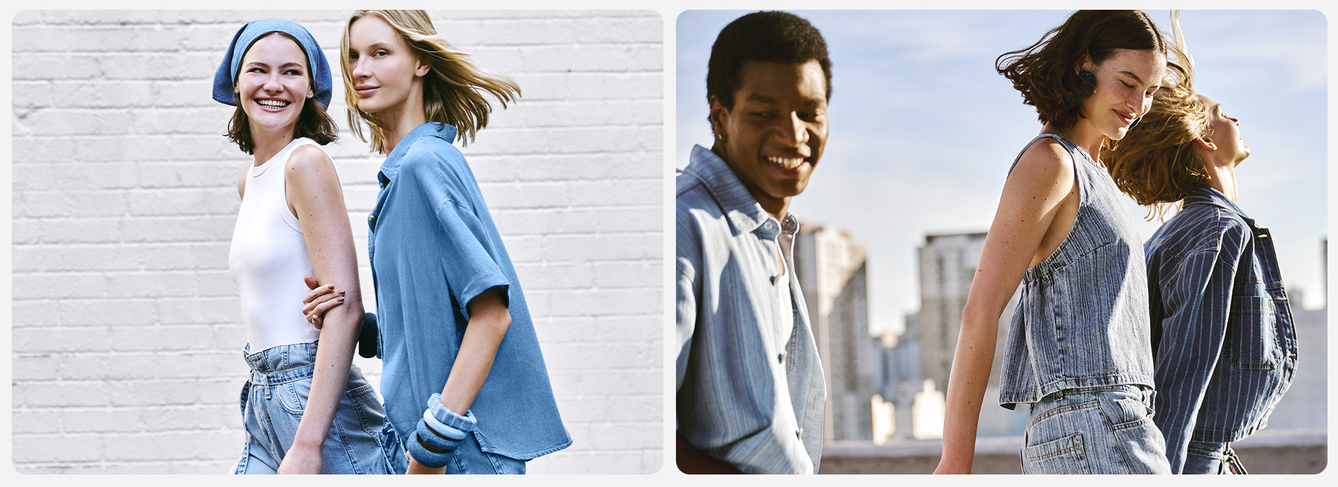 Montagem com modelos vestindo looks jeans. À esquerda, duas mulheres usam shorts jeans de cintura alta com blusas claras e acessórios em azul. À direita, três modelos usam produções jeans listradas com camisas, coletes e calças.