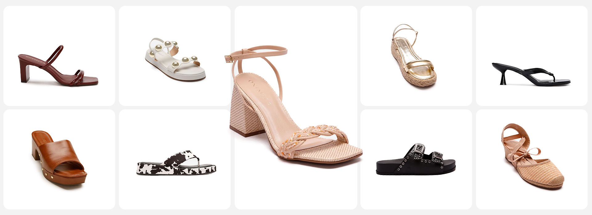 Montagem com nove calçados diferentes: Sandália vinho, tamanco caramelo de salto grosso, flatform off-white com esferas douradas, rasteirinha cow print, sandália espadrille texturizada com tira fina e salto bloco, sandália espadrille dourada com plataforma trançada, birken preta com tachas e fivelas, tamanco de tiras preto, sandália espadrille com amarração no tornozelo