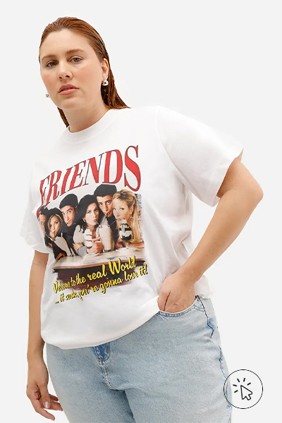 Camiseta feminina de algodão Friends plus size off-white - roupas anos 90 - look anos 90 - moda anos 90 - como era a moda nos anos 90