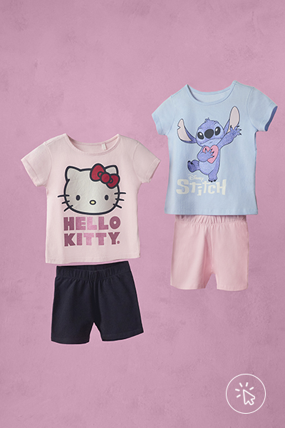 Conjunto de camiseta e short para meninas com estampa da Hello Kitty ou do Stitch